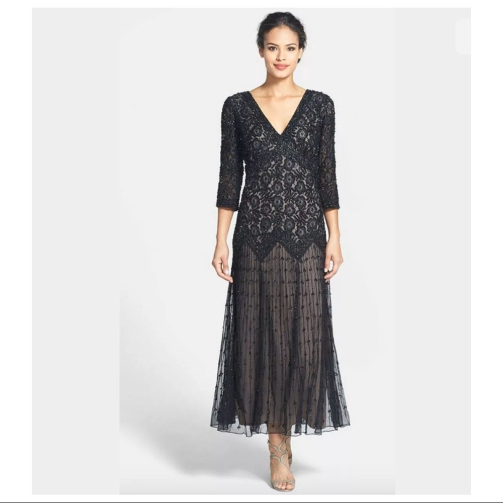 Pisarro Nights Beaded V Neck Mesh Gown 3/4 Sleeve